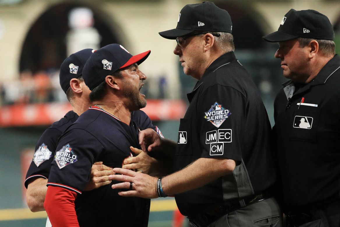 Washington manager Dave Martinez argues with umpire Gary Cederstrom as he is ejected in Game 6 of the World Series on Tuesday, October 29, in Houston, Texas. Martinez was upset when Trea Turner was called out for runner interference.