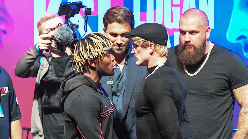 KSI (left) and Logan Paul during the press conference at Troxy, London. (Photo by Kirsty O'Connor/PA Images via Getty Images)