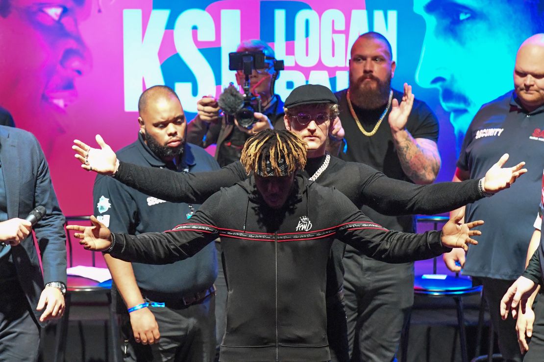 KSI (centre) and Logan Paul (right) during the press conference at Troxy, London.
