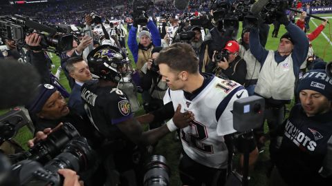 Jackson and Brady talk after the Ravens defeated the New England Patriots at M&T Bank Stadium on November 3, 2019 in Baltimore. It was to be Brady's last season with the Patriots.