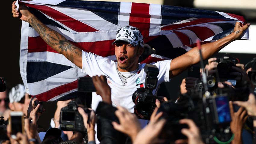 AUSTIN, TEXAS - NOVEMBER 03: 2019 Formula One World Drivers Champion Lewis Hamilton of Great Britain and Mercedes GP celebrates after the F1 Grand Prix of USA at Circuit of The Americas on November 03, 2019 in Austin, Texas. (Photo by Clive Mason/Getty Images)