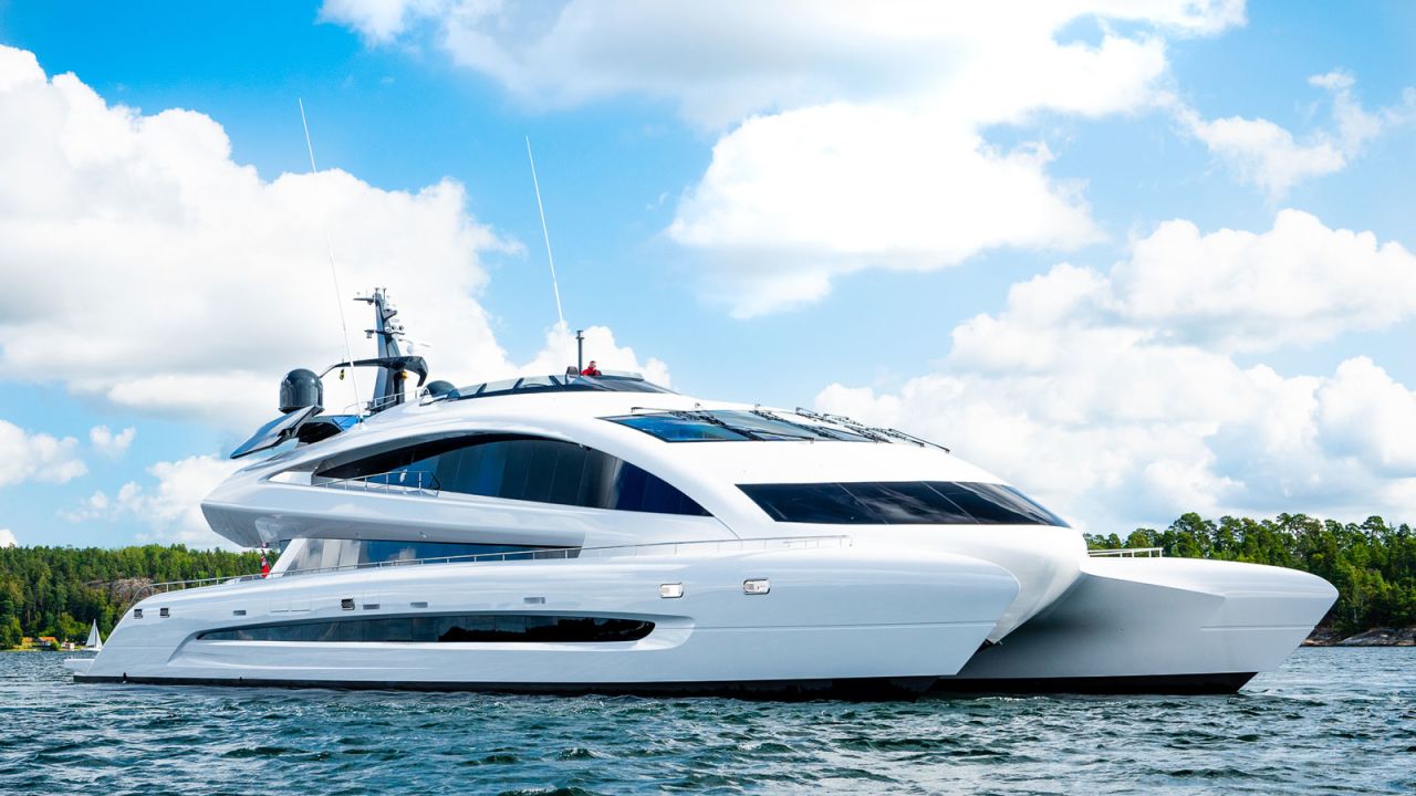 <strong>Long awaited:</strong> Described as "a spaceship on water," the Royal Falcon One is on the market nearly a decade after it was first commissioned.