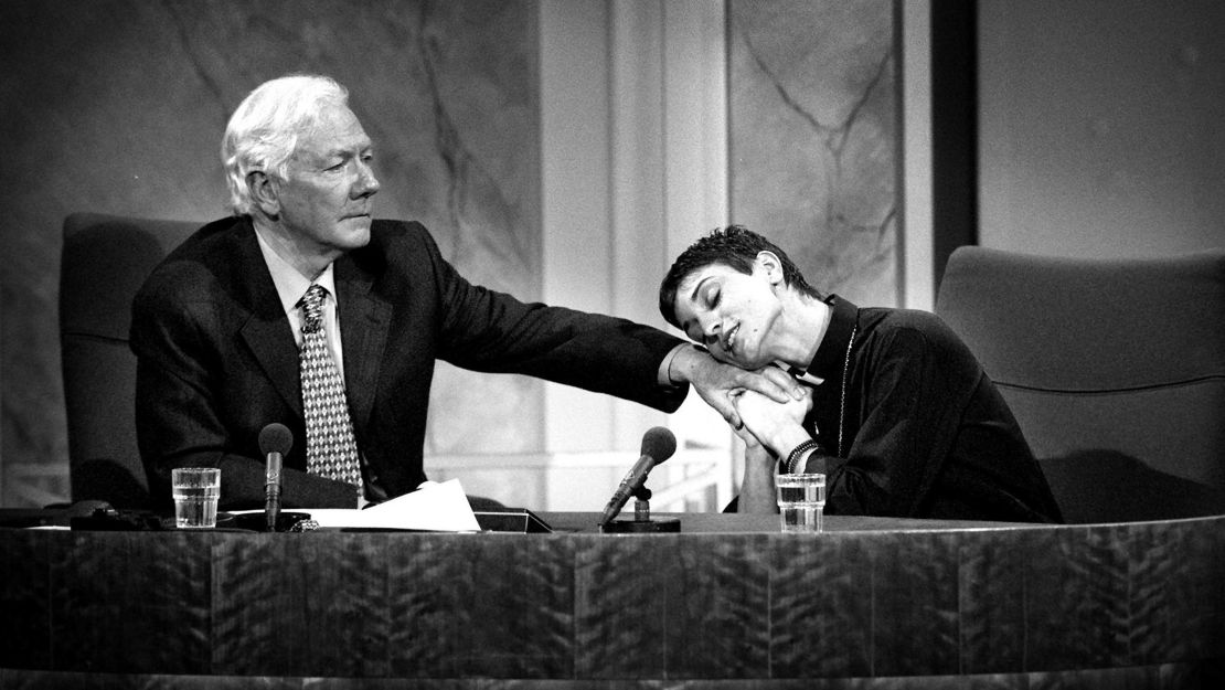 Gay Byrne and musician Sinead O'Connor on the final episode of the Late Late Show on May 21, 1999. 