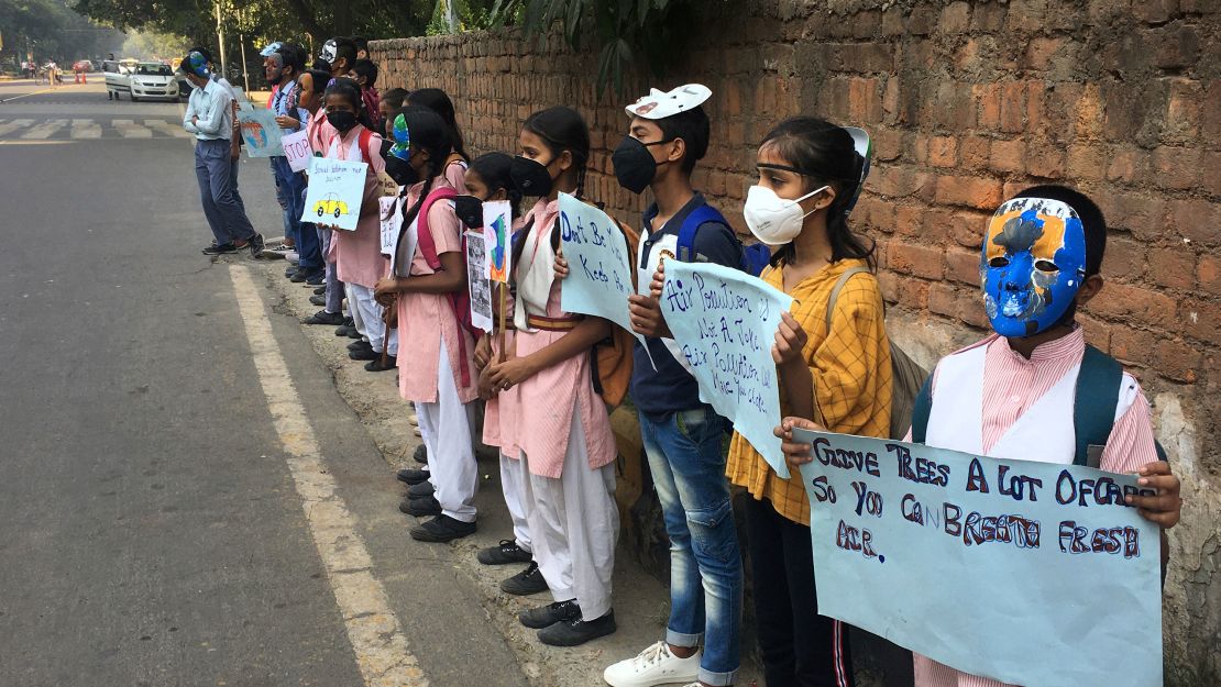 Schoolchildren protest outside the Indian Environment Ministry against alarming levels of pollution in New Delhi, India, on November 5, 2019.