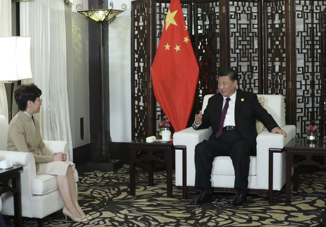 Chinese President Xi Jinping and Hong Kong Chief Executive Carrie Lam in Shanghai on November 4, 2019.