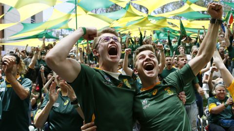 Fans in Pretoria react to a South African try in the Rugby World Cup final.
