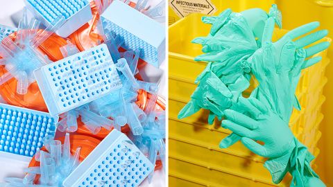 One reason lab plastics are such a sticky problem is that they can get contaminated with the biological or chemical matter being researched; you can't simply put them in the campus recycling bins with your coffee cup.