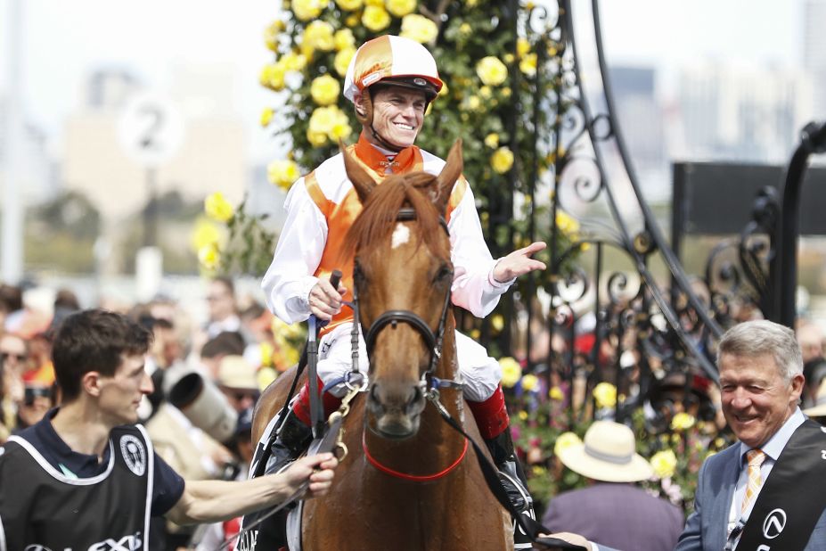 Craig Williams celebrates after riding Vow And Declare to the win the Melbourne Cup.