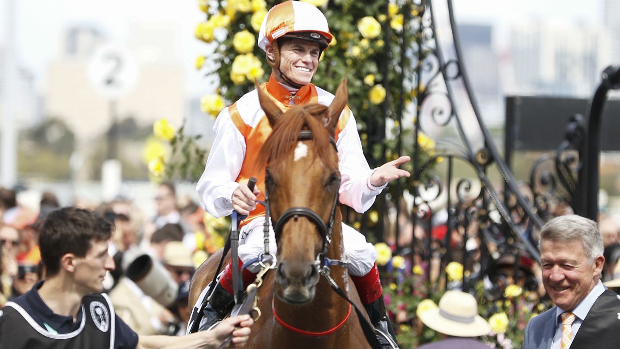 Craig Williams celebrates after riding Vow And Declare to win the 2019 Melbourne Cup at Flemington.