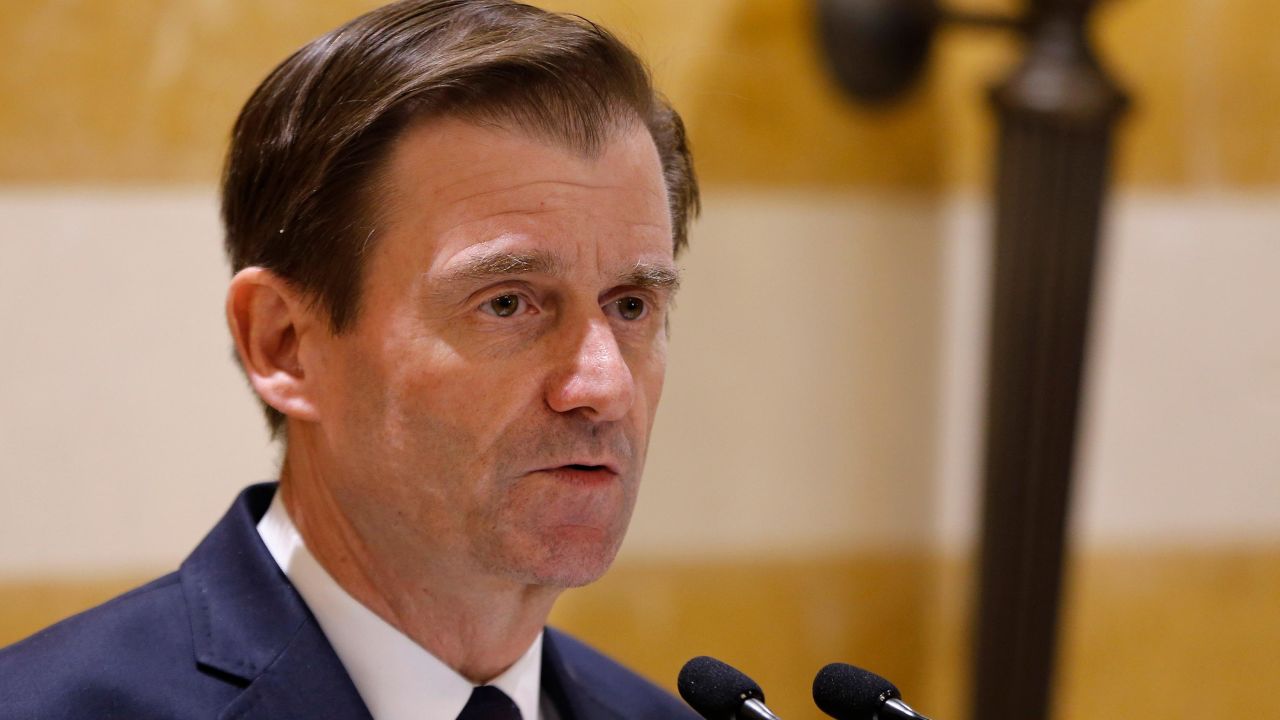In this January 14, 2019, file photo, US Undersecretary of State for Political Affairs David Hale delivers a statement after meeting with Lebanese Prime Minister-designate Saad Hariri in Beirut, Lebanon.