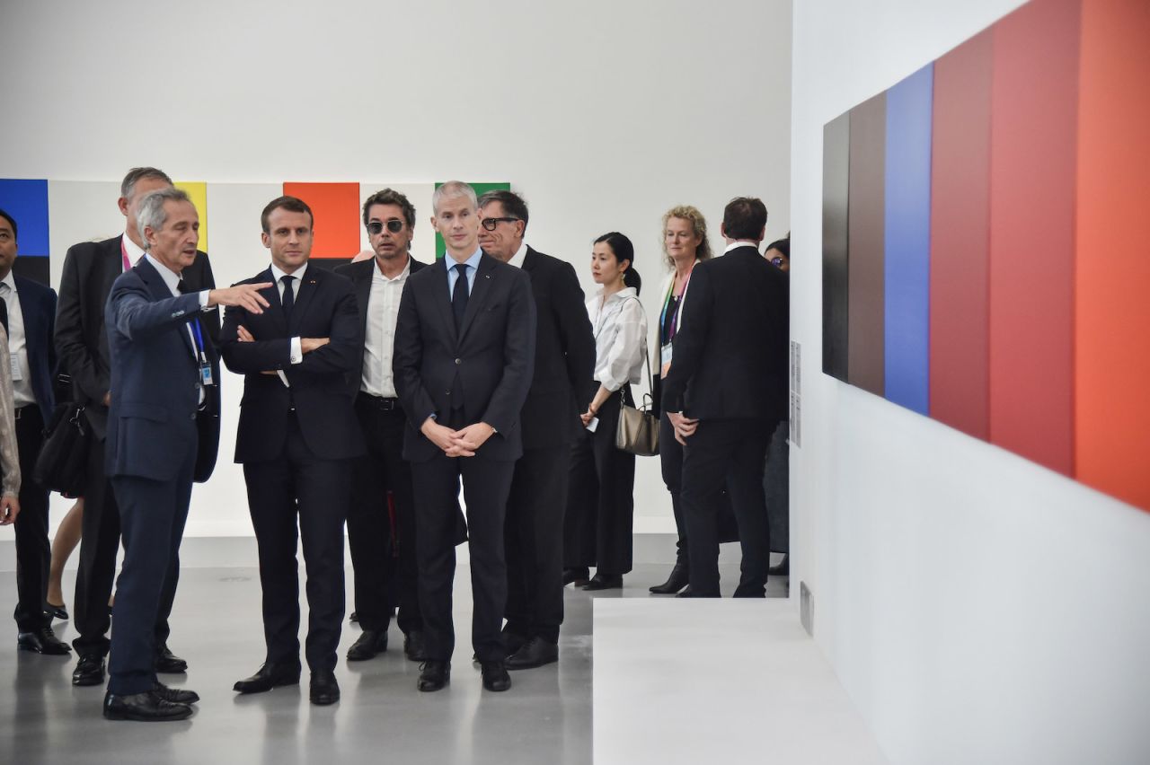French President Emmanuel Macron attends the inauguration of the "Centre Pompidou x West Bund Museum Project" on Tuesday.