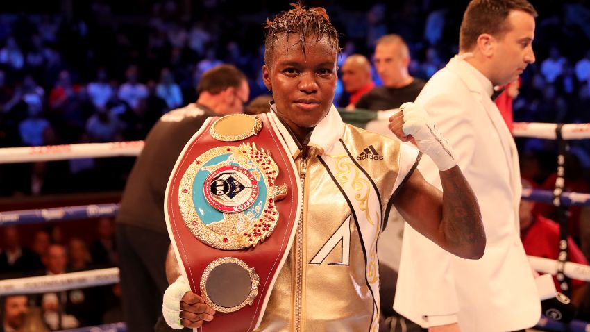 LONDON, ENGLAND - SEPTEMBER 27: Nicola Adams celebrartes retaining her belt after a split decision draw in the WBO World Flyweight Championship Title fight between Nicola Adams and Maria Salinas at Royal Albert Hall on September 27, 2019 in London, England. (Photo by James Chance/Getty Images)