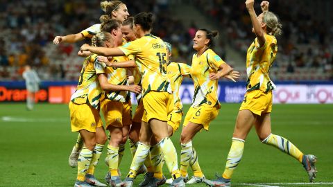 Elise Kellond-Knight of Australia celebrates with teammates after scoring her team's first goal during the 2019 FIFA Women's World Cup match between Norway and Australia on June 22, 2019.