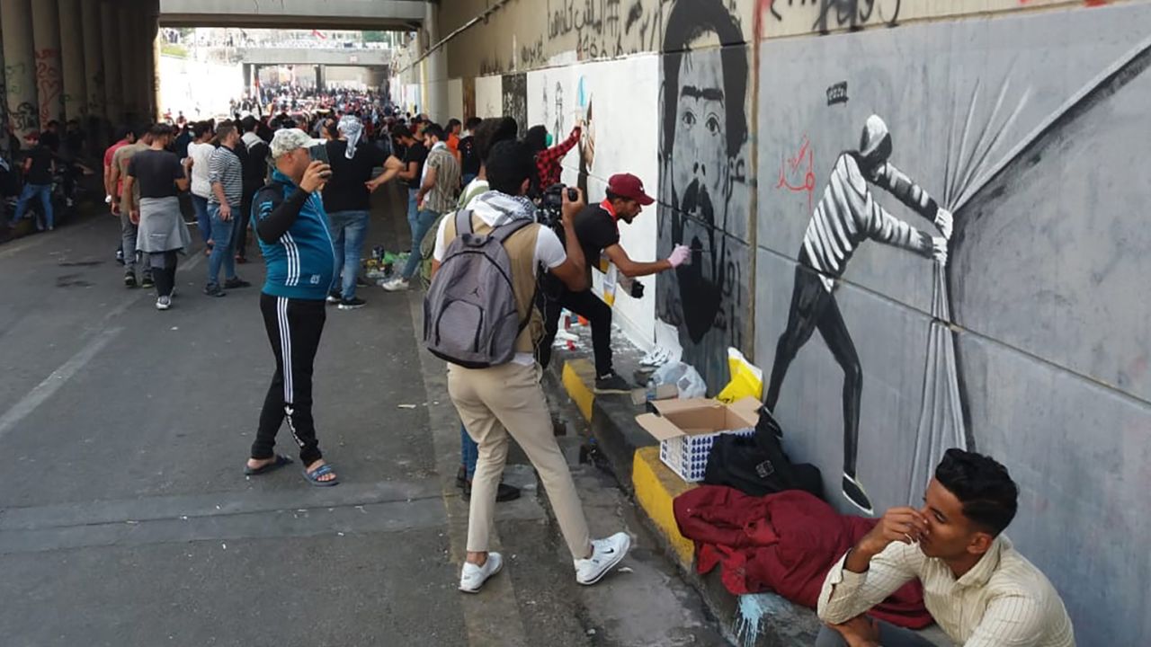 Murals are painted in the al-Tahrir tunnel in central Baghdad, Iraq, on November 3.