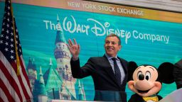NEW YORK, NY - NOVEMBER 27: (L to R) Chief executive officer and chairman of The Walt Disney Company Bob Iger and Mickey Mouse look on before ringing the opening bell at the New York Stock Exchange (NYSE), November 27, 2017 in New York City. Disney is marking the company's 60th anniversary as a listed company on the NYSE. (Drew Angerer/Getty Images)