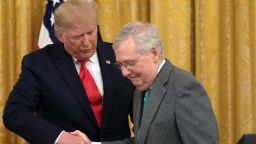 US President Donald Trump and US Senate Majority Leader Mitch McConnell(R) shake hands at the White House in Washington, DC, on November 6, 2019. 