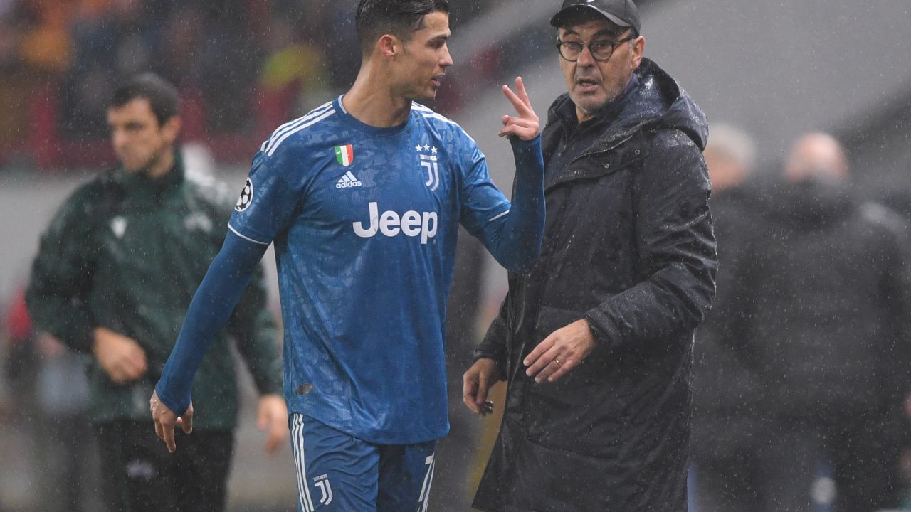 Juventus' Portuguese forward Cristiano Ronaldo and Juventus' Italian coach Maurizio Sarri during the Champions League match against Lokomotiv Moscow.

