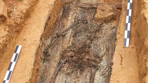 TOPSHOT - A picture taken on July 7, 2019 shows the supposed remains of French General Charles Etienne Gudin de la Sablonniere in Smolensk. - A mystery of more than 200 years may be about to be solved: a team of Franco-Russian archaeologists believe they have found the remains of a French general who died in 1812 during Napoleon's Russian campaign. (Photo by Denis Maximov / AFP) (Photo credit should read DENIS MAXIMOV/AFP via Getty Images)