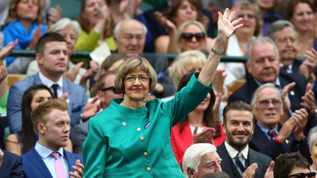 Margaret Court is announced to the crowd at Wimbledon in 2016.