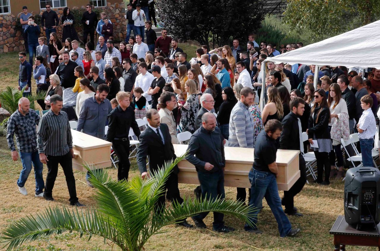 Men carry the remains of Langford and her sons during their funeral in La Mora, Mexico.