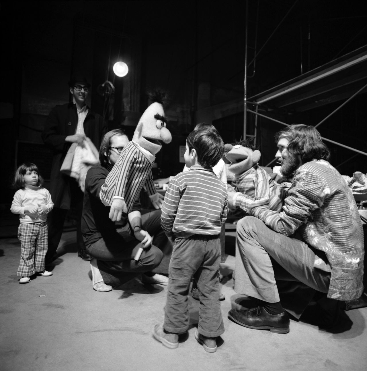 Frank Oz holds Bert and Jim Henson holds Ernie during a rehearsal in 1970.