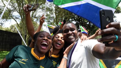 Springbok prop Trevor Nyakane celebrates with fans during the Rugby World Cup 2019 Champions Tour.