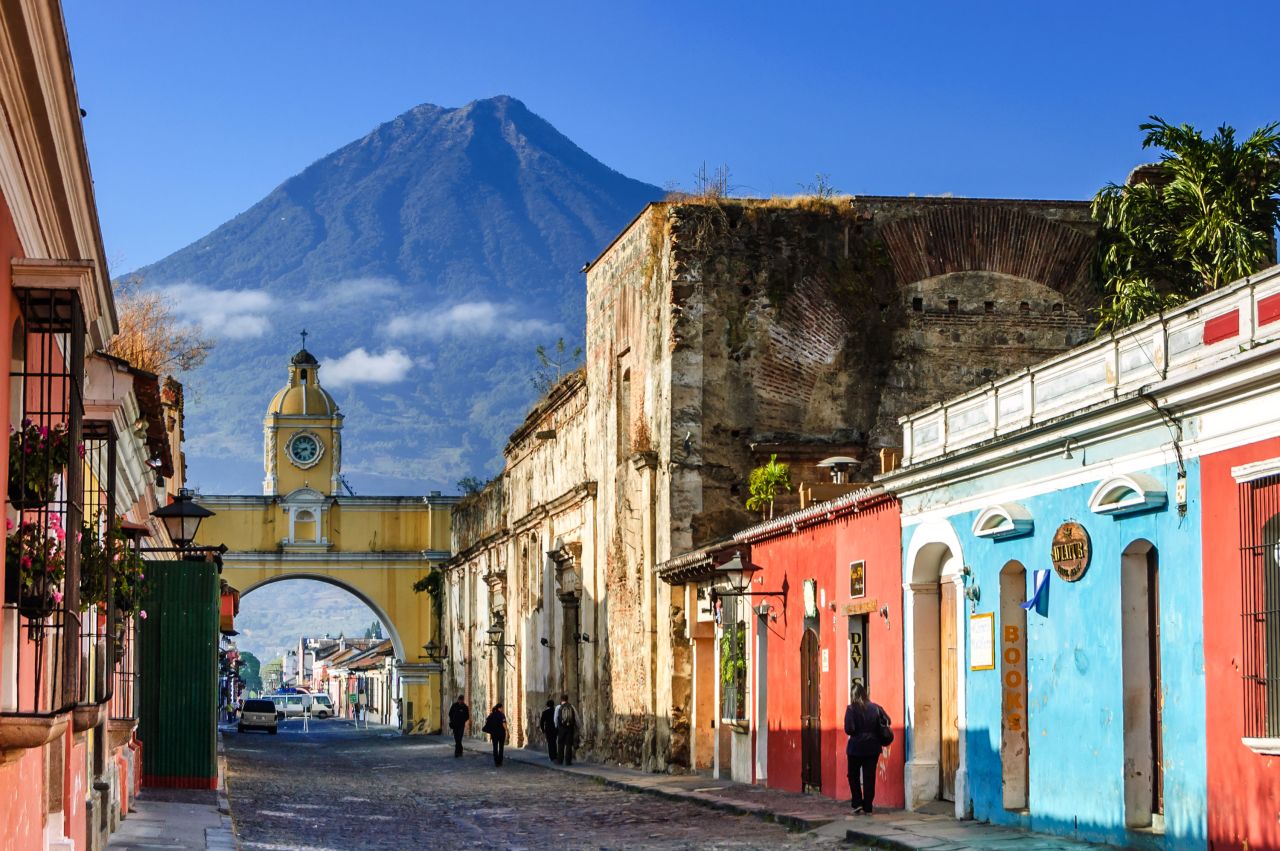 Antigua is a gorgeous Spanish colonial town in Guatemala with a volcano as a dramatic backdrop.