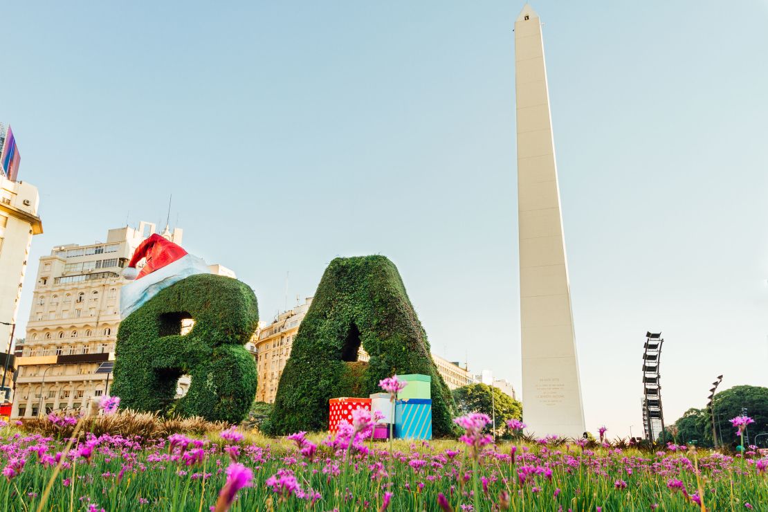 The 'B' and 'A' in downtown Buenos Aires are adorned with a Santa hat and presents for Christmas.