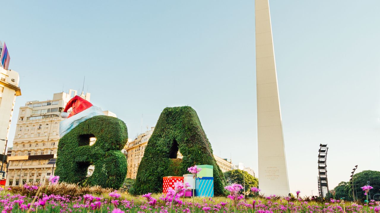 The 'B' and 'A' in downtown Buenos Aires are adorned with a Santa hat and presents for Christmas.