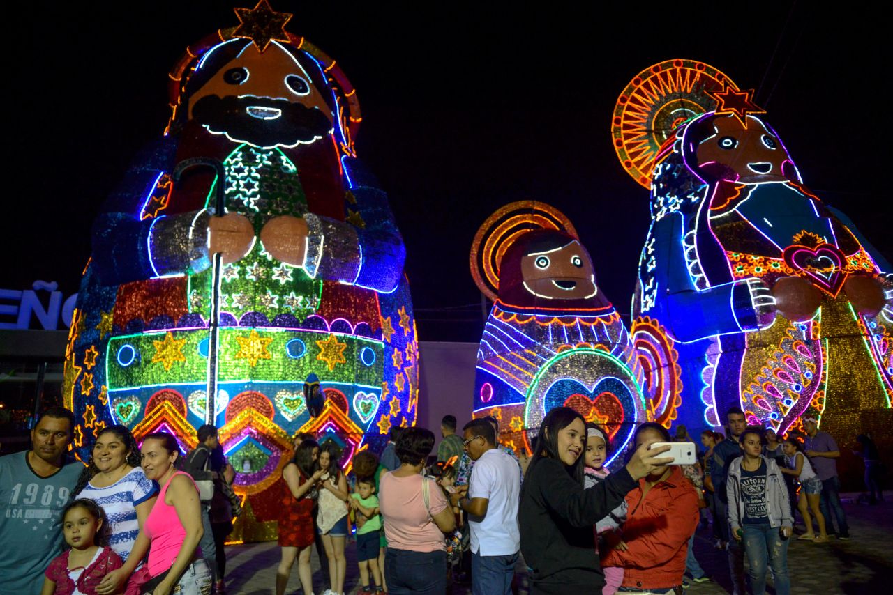 People look at the spectacular Christmas lights in Medellin.
