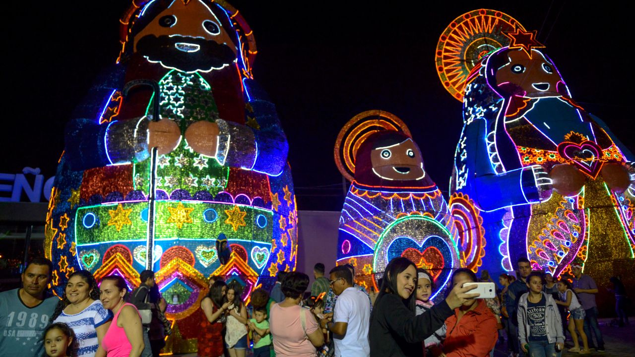 People look at the spectacular Christmas lights in Medellin.