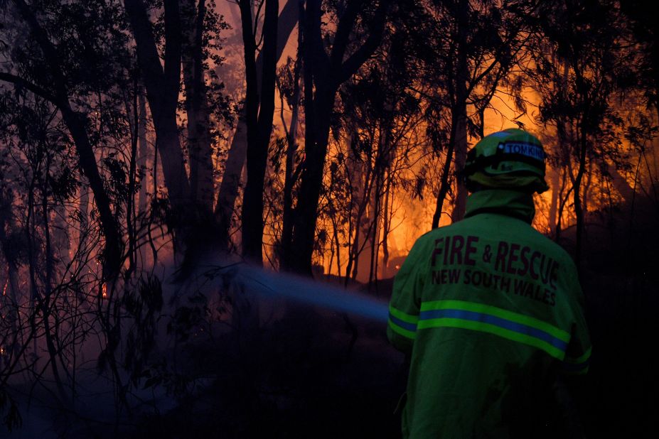 Firefighters try to put out a bushfire in Woodford on November 8.
