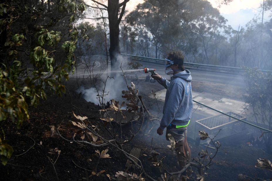 A resident hoses smoldering logs as a bushfire burns in Woodford on November 8. 