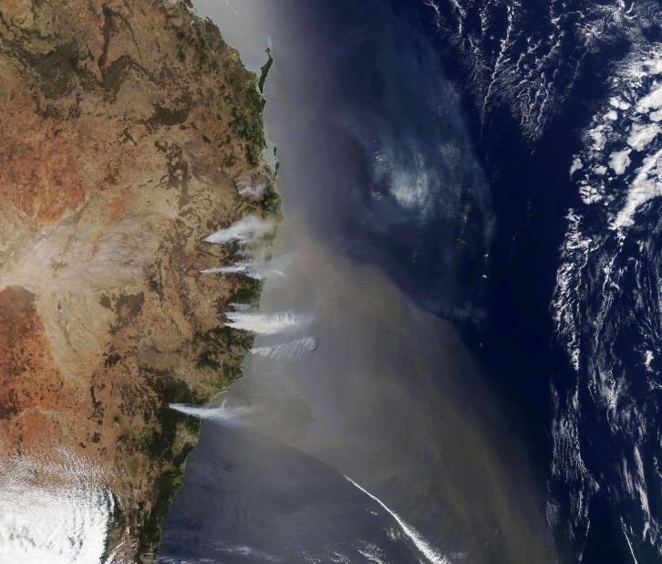 In this handout photo from NASA's Aqua satellite, destructive bushfires are seen off the coast of New South Wales on November 7.