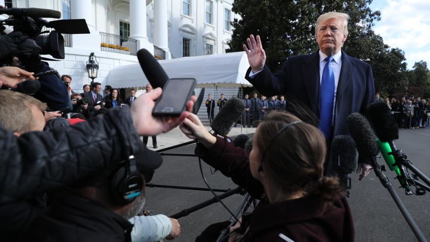 WASHINGTON, DC - NOVEMBER 08: U.S. President Donald Trump talks to reporters before boarding Marine One and departing the White House November 08, 2019 in Washington, DC. Trump is traveling to Atlanta, Georgia, where he plans to kick off his Black Voices for Trump Coalition, an effort to attract more African-American voters. (Photo by Chip Somodevilla/Getty Images)