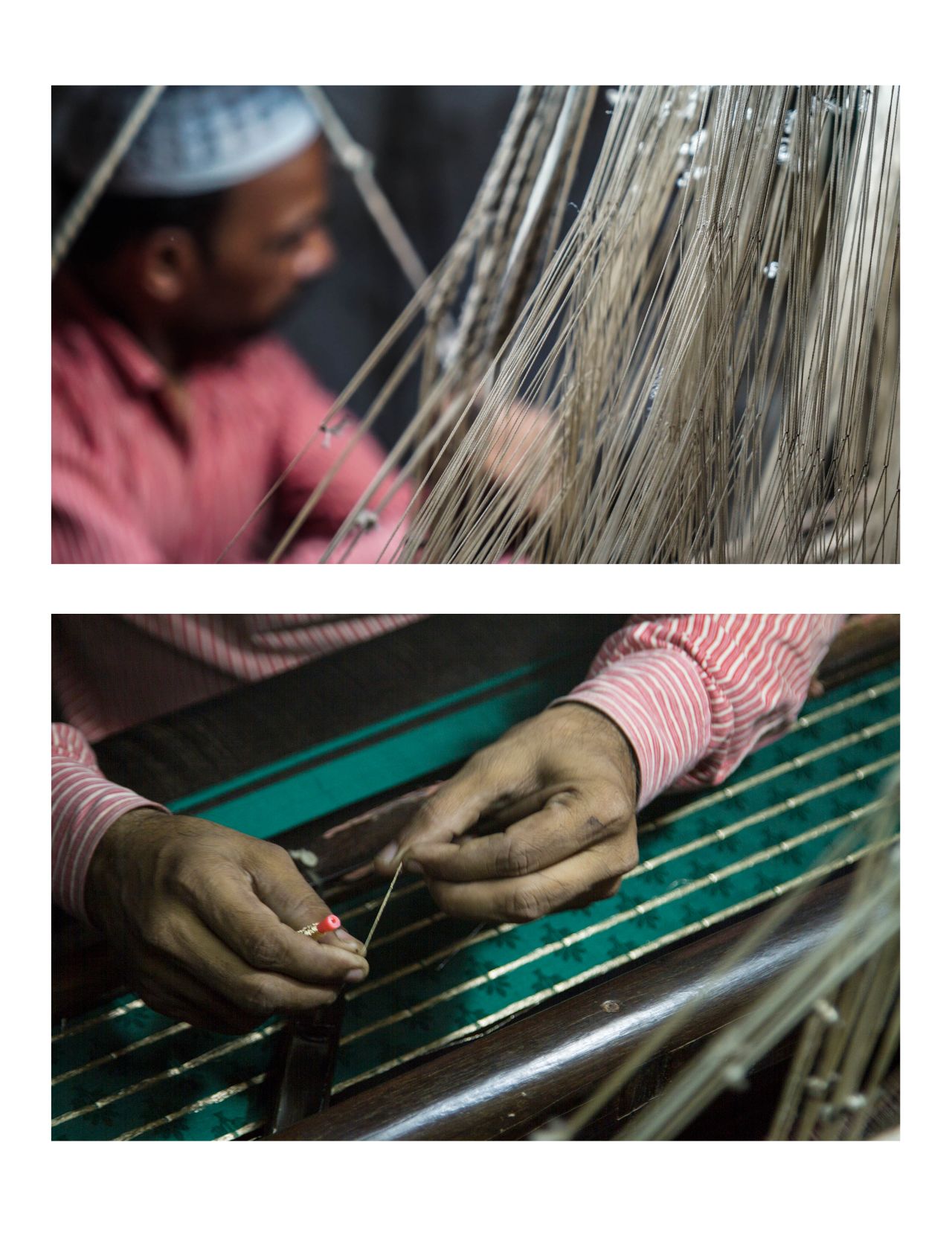 A silk weaver weaves gold zari into silk fabric at his pit handloom in Varanasi, India. 