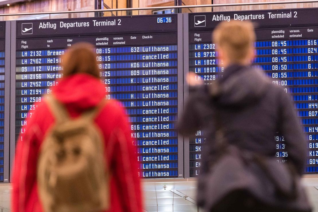 Lufthansa flights are marked as cancelled during the flight attendant strike. 
