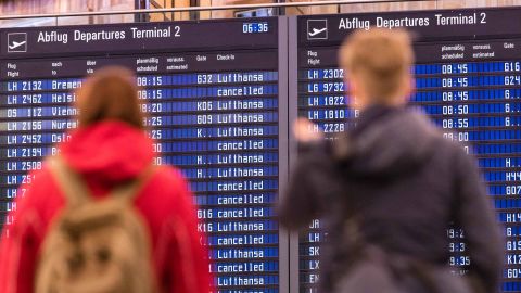 Lufthansa flights are marked as cancelled during the flight attendant strike.