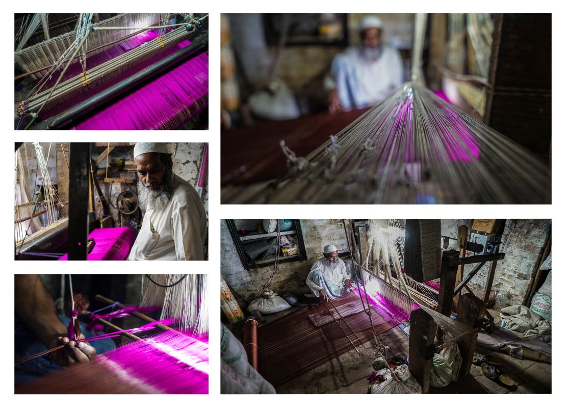 A handloom with magenta thread ready to be made into a sari in Varanasi, India. 