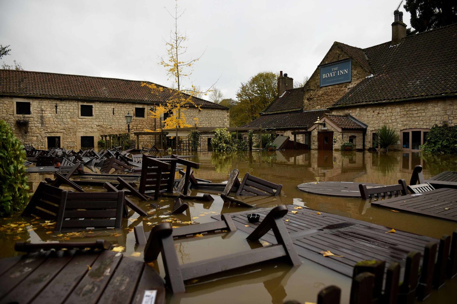 Debris floats in the courtyard of The Boat Inn at the village of Sprotbrough in northern England.