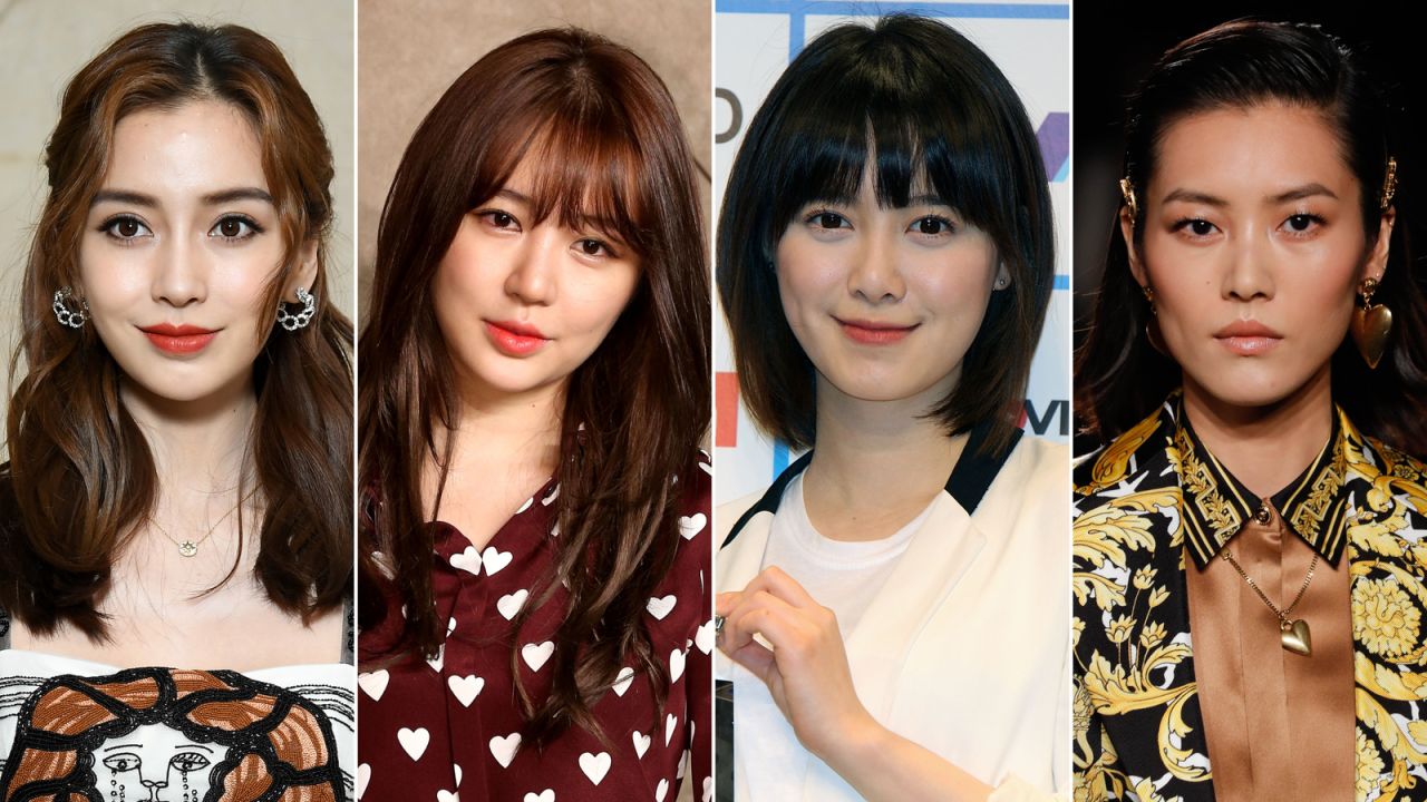 Several popular looks (from left to right): Chinese actress Angelababy, the "M shaped" lip of Korean actress Yoon Eun-hye, Korean actress Ku Hye-sun's "baby face," Chinese model Liu Wen's single eyelids.