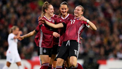 Alexandra Popp of Germany celebrates scoring the opening goal of the friendly against England at Wembley. 