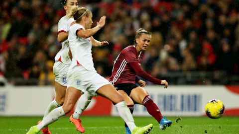 Klara Buhl scores Germany's winner in the 2-1 victory over England at Wembley Stadium watched by a record crowd of 77,768.