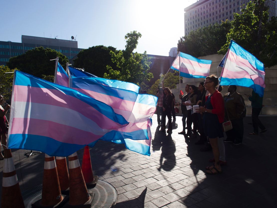 Demonstrators gather to celebrate International Transgender Day of Visibility on March 31, 2017 in Los Angeles.