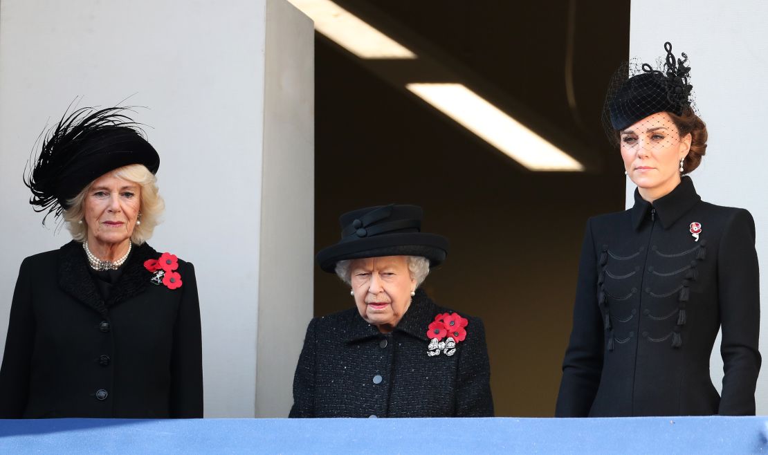 Camilla, Duchess of Cornwall, Queen Elizabeth II and  Catherine, Duchess of Cambridge attend the annual Remembrance Sunday memorial at The Cenotaph on November 10.