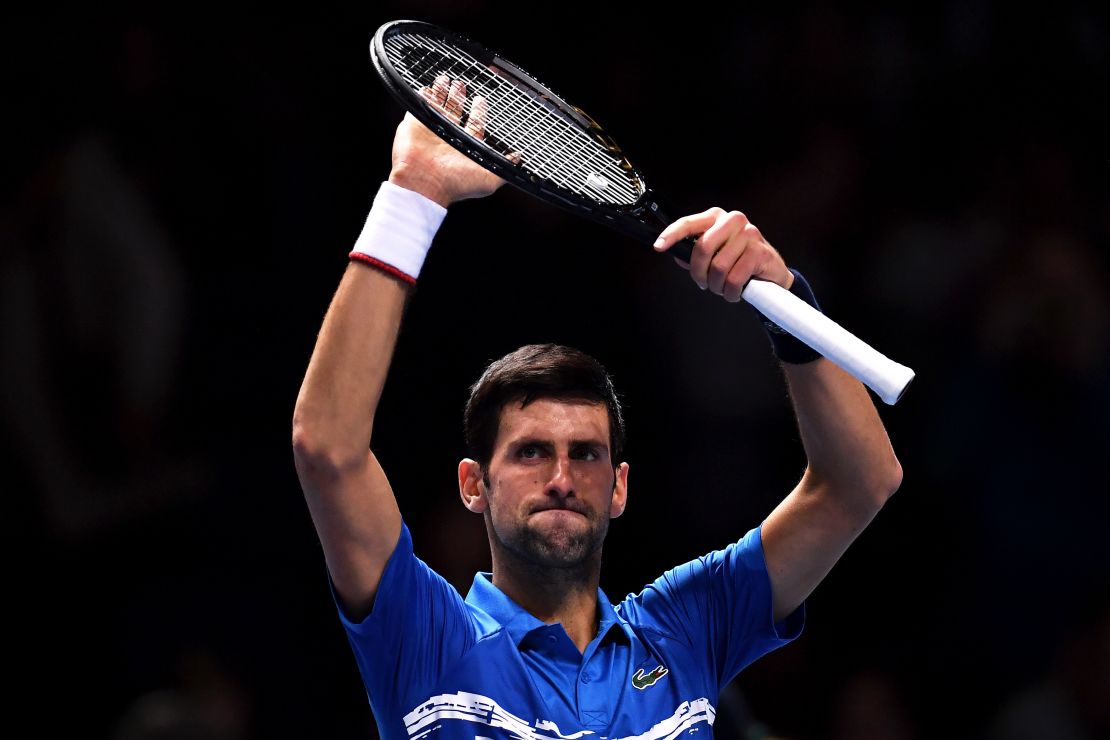 Novak Djokovic of Serbia celebrates is straight sets victory over Italian Matteo Berrettini in their opening match of the ATP Finals in London.