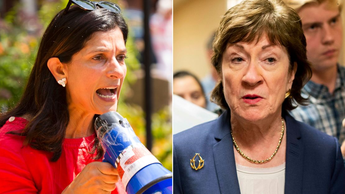 At left, Maine State House Speaker Sara Gideon, who is challenging Republican Sen. Susan Collins, at right.