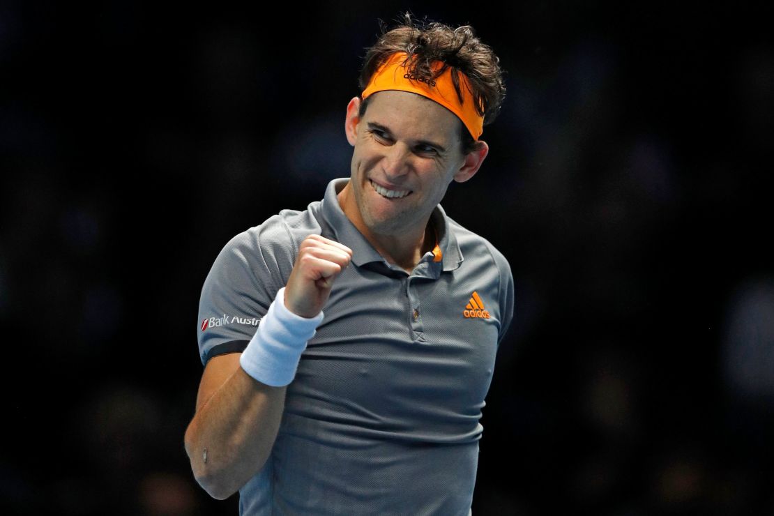 Fifth seed Dominic Thiem celebrates his superb straights sets win over six-time champion Roger Federer at the ATP Tour Finals. 