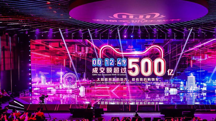 A screen shows the gross merchandise volume, a measure of sales, after 12 minutes 49 seconds of Singles Day sales, as it reaches about 7,147,554,107 USD in Hangzhou in China's eastern Zhejiang province early on November 11, 2019.