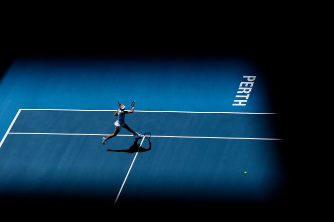 Kristina Mladenovic of France plays a forehand to Ajla Tomljanovic of Australia in the women's singles match of the 2019 Fed Cup Final tie between Australia and France on November 09 in Perth, Australia.